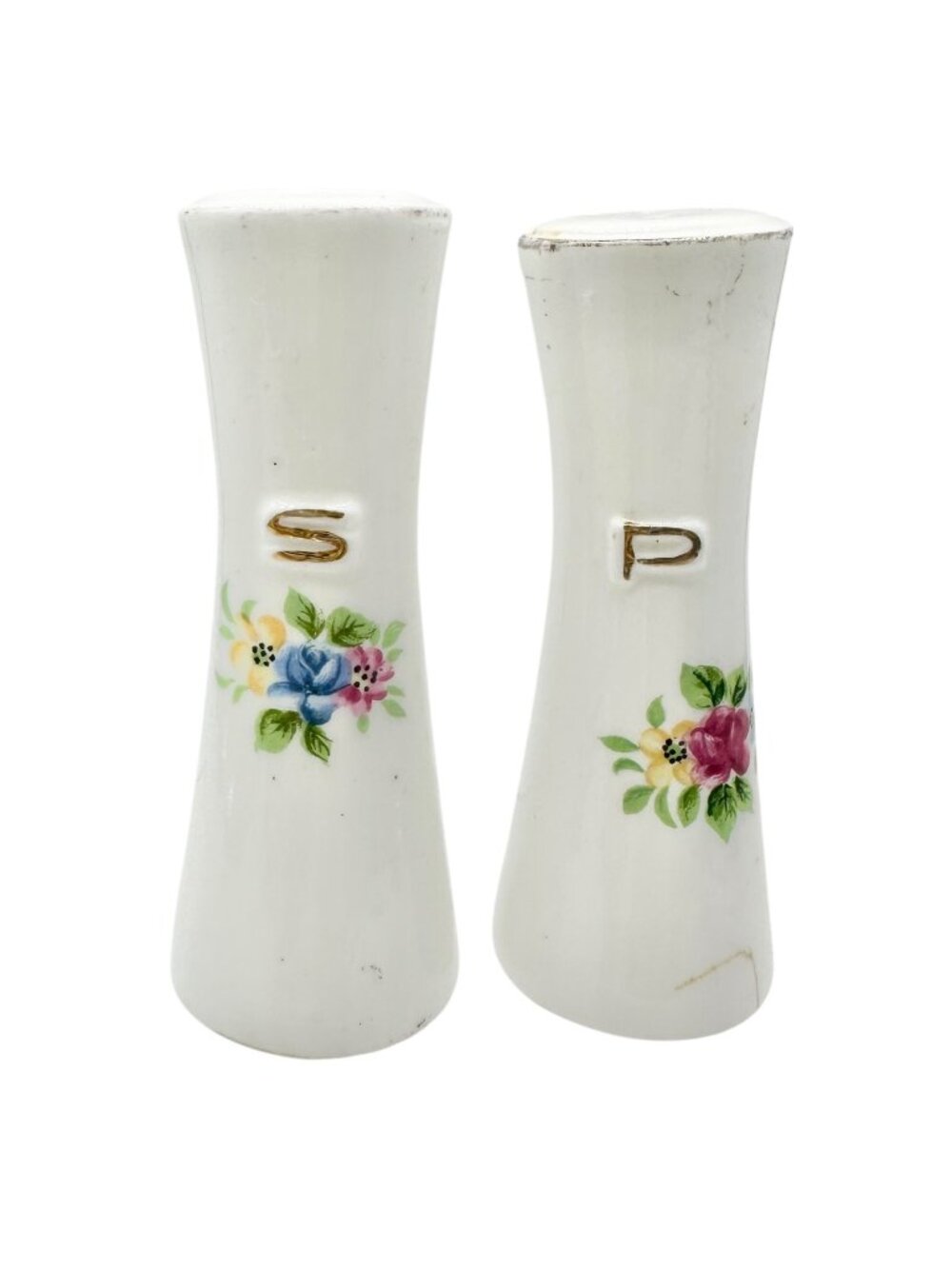Vintage Ceramic Floral Salt and Pepper Shakers Painted Accents Gold Lettering